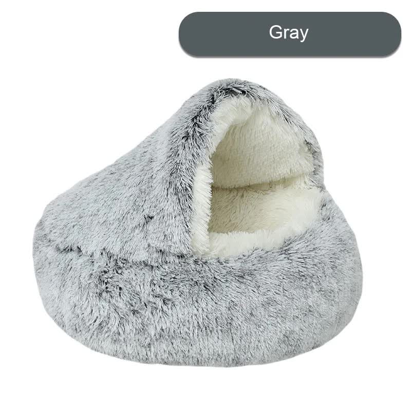 NNEDSZ Cozy Gray Plush Hooded Pet Bed - Ultra Soft Long Fur Cave Bed for Small Pets 40cm